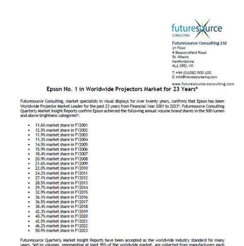 引领视觉创新，爱普生投影机市场份额连续23年排名第一