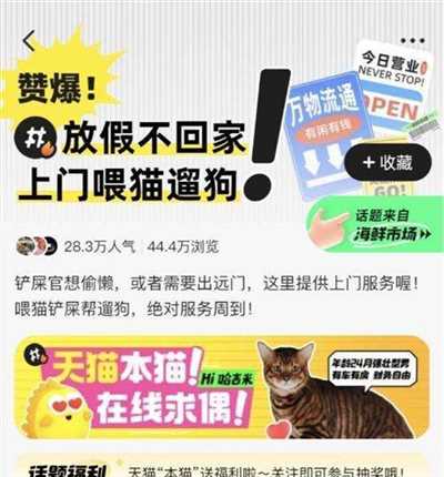 “天猫”相亲带火闲鱼上宠物服务，五一前上门喂猫遛狗需求暴涨320%