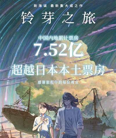 《铃芽之旅》中国内地累计票房达7.52亿 超过日本本土